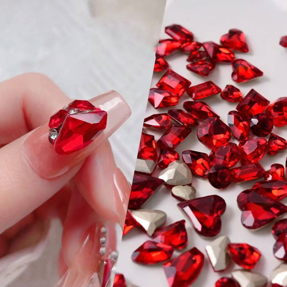 10 Pcs Shiny Red Crystal Nail Art Decorations Wine Red Peach Heart Jewelry Nail Charms Pointed Bottom V Crooked Heart