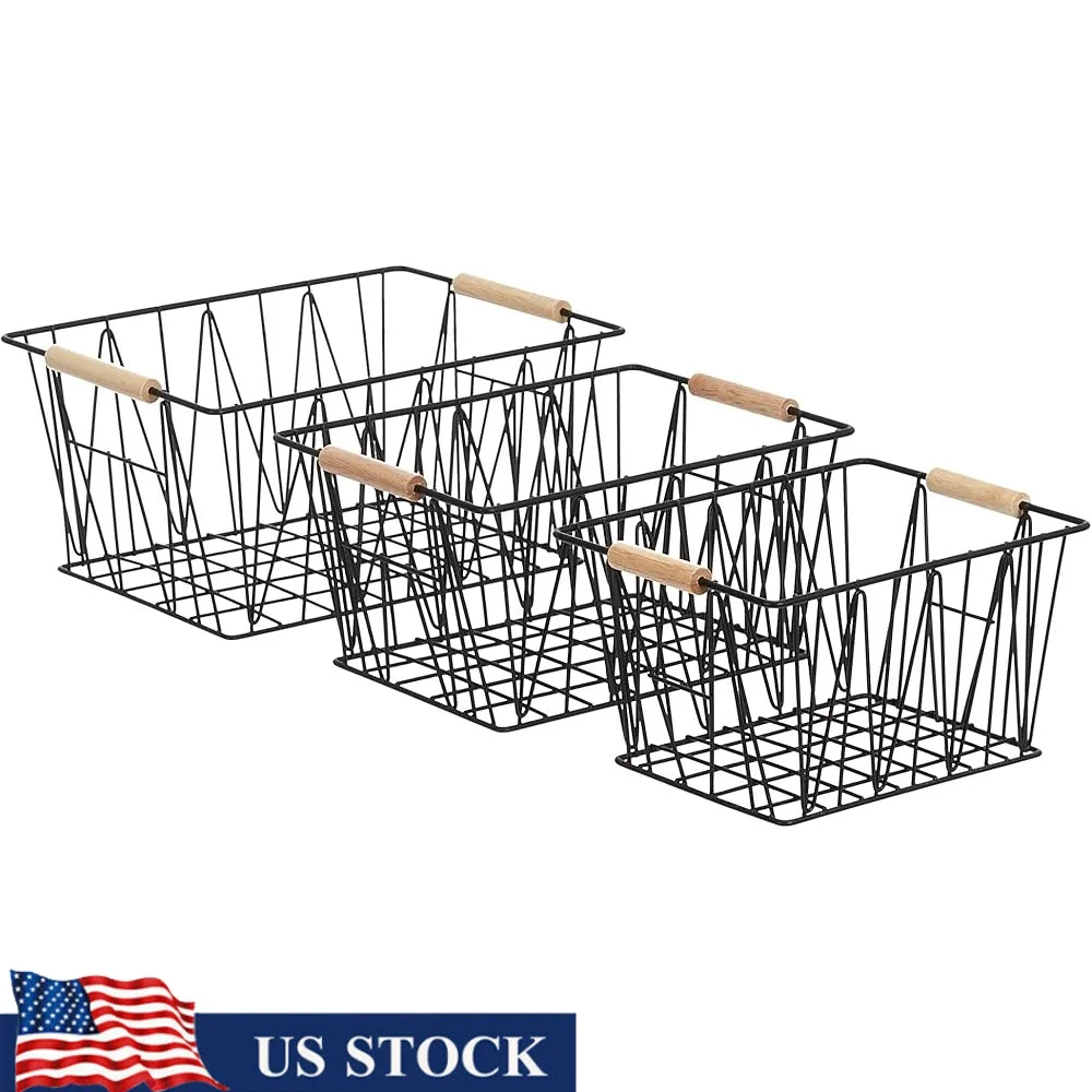 

Set of 3 Rectangular Wire Storage Baskets Stylish Durable Steel with Wood Handles Stackable Home Organization