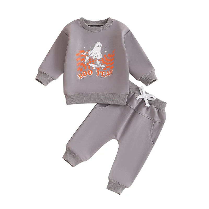 Baby Boy Halloween Track Suit Letter Ghost Print Long Sleeve Sweatshirt and Elastic Sweatpants 2 Piece Clothes