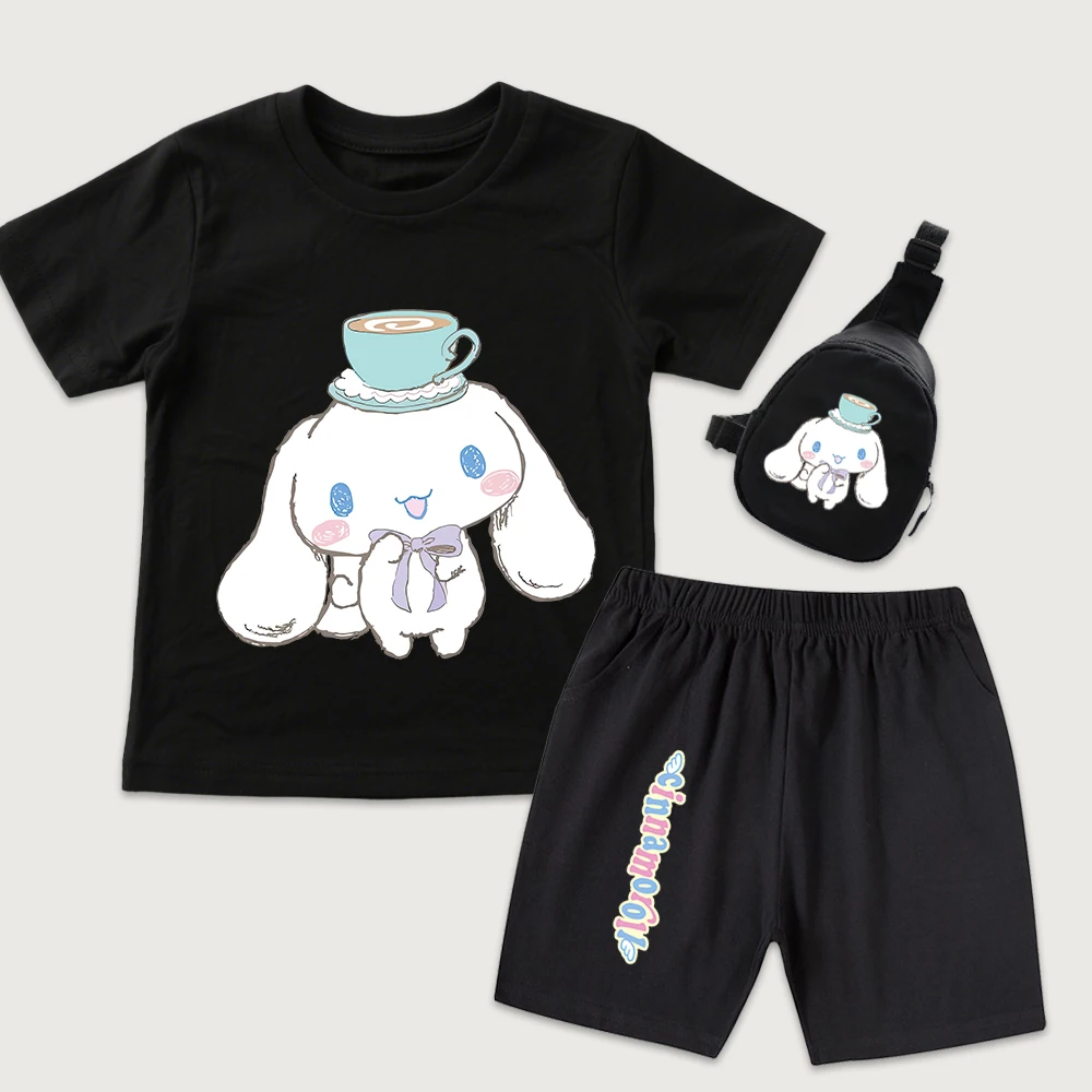 

Детская хлопковая футболка с принтом Cinnamoroll Coffee Time, шорты, мини-сумка на грудь, комплект из 3 предметов для мальчиков и девочек, повседневная летняя одежда