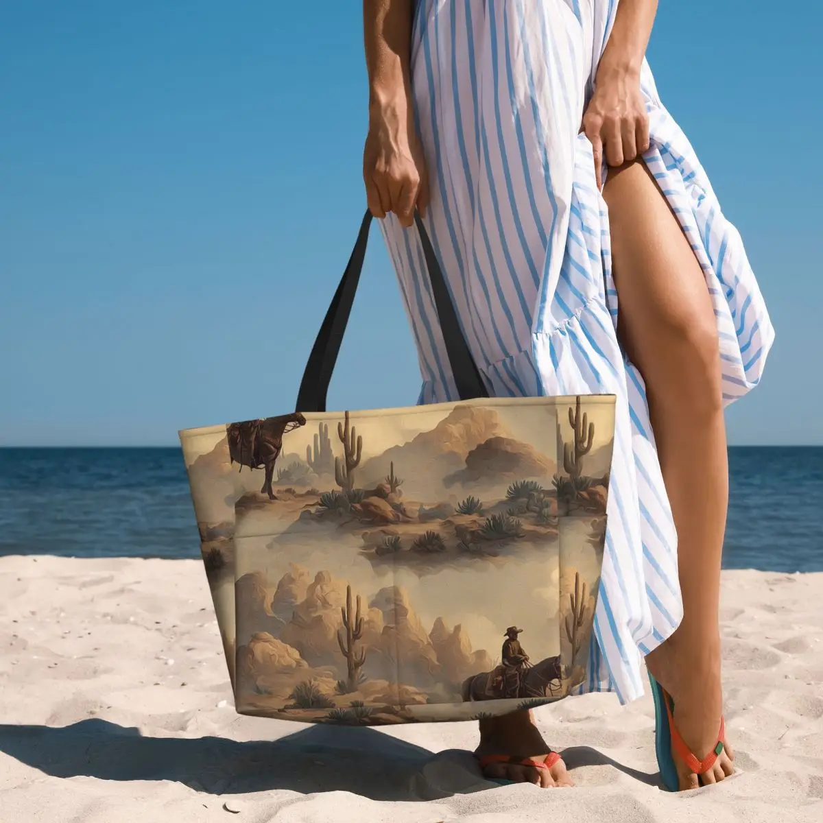 

Cowboy In Desert Western Landscape Pattern Beach Tote Bag Sport Gym Yoga Duffle Large Tote Bag Women Travel Bag Fitness bag