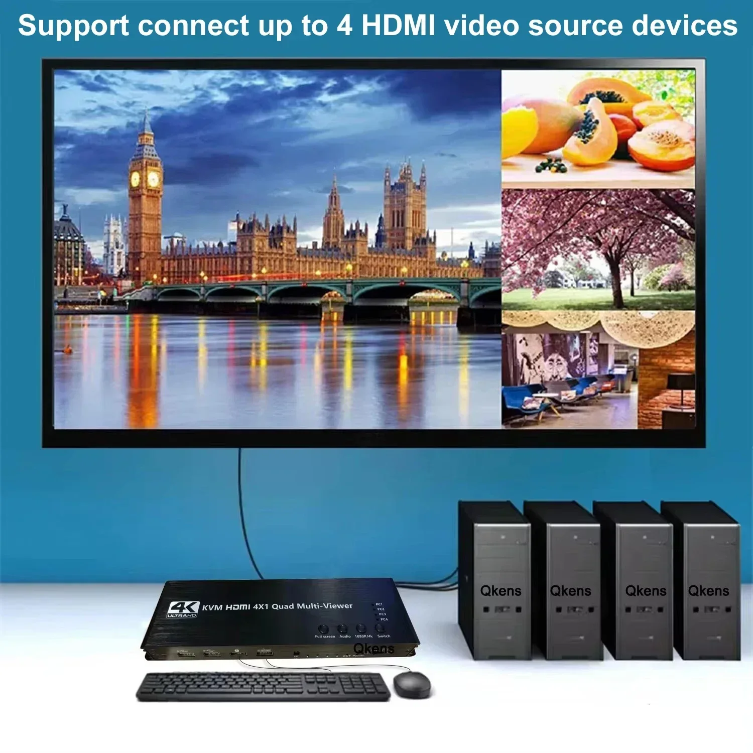 1080p 4K HDMI Multi-Viewer 4x1 KVM HDMI Quad Multiviewer 4 IN 1 OUT Seamless Switch Support 4 Laptop PC Share Mouse and Keyboard