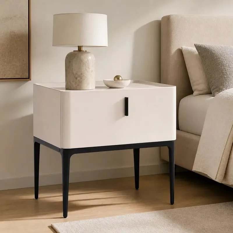 Modern Beige Solid Wood Bedside Table with 1 Drawer and Black Rails for Hotel Bedroom Furniture