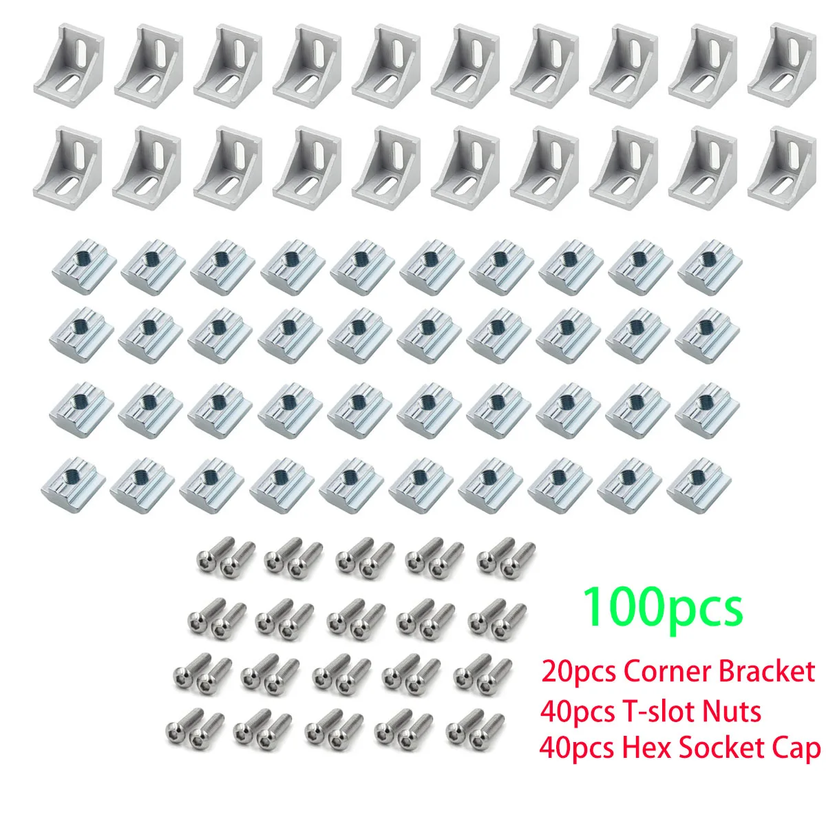 

100pcs 2020 Aluminum Profile Connector Set 20pcs Corner Bracket + 40pcs 20 Series M5 T-slot Nuts + 40pcs M5x8mm Hex Socket Cap E