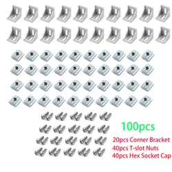 2020 알루미늄 프로파일 커넥터 세트, 코너 브래킷, 20 개, 40 개, 20 시리즈 M5 T 슬롯 너트, 40 개, M5 x 8mm 육각 소켓 캡 E, 100 개