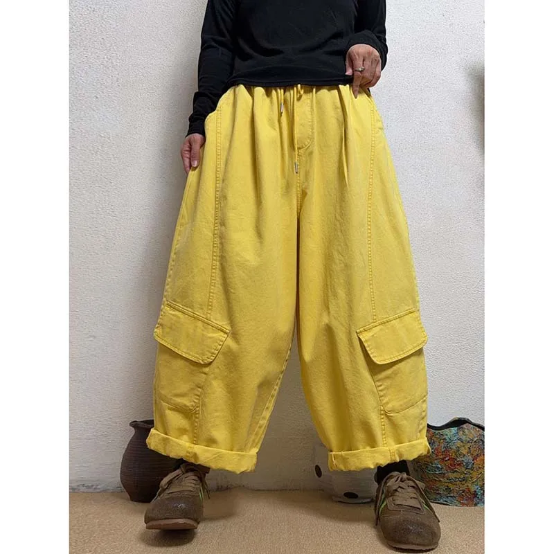 2026 Autumn New Harem Pants Arts Women Elastic Waist Loose Calf-length Pants Side Pocket All-matched Casual Cotton Harem Pants