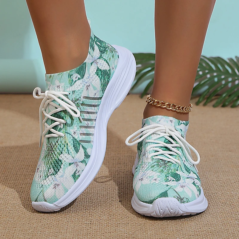 Rimocy Fashion Printed Knitted Sneakers Women 2024 New Lightweight Breathable Flats Woman Lace-Up Non-Slip Ladies Sports Shoes