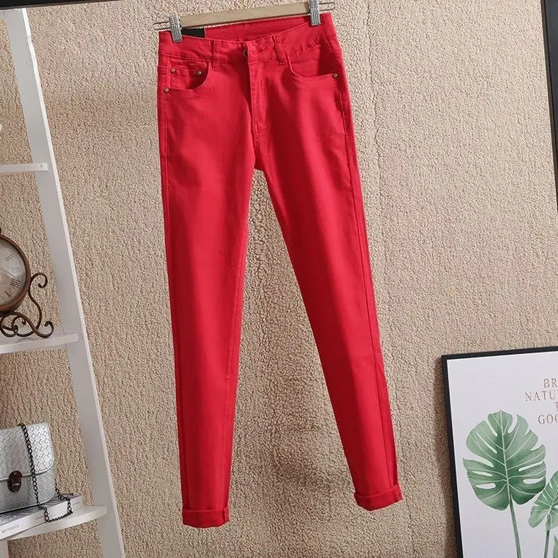 Candy-colored Tight-Fitting Feet Pants Women 2026 Spring Autumn New Elastic Casual Jeans Female Slim Color Elastic Long Trousers