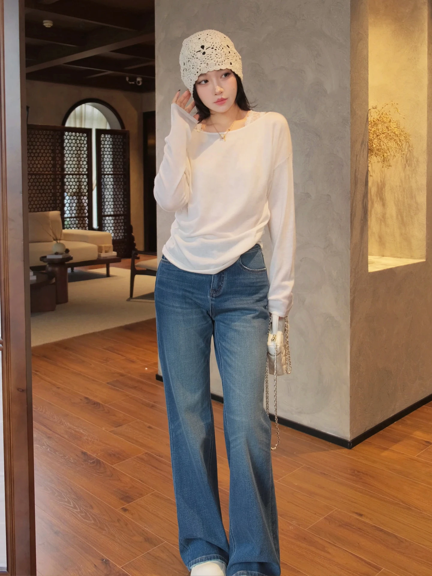 

Джинсы с высокой талией и расклешенным низом, синие, из денима, универсальные, модные, стройнящие, прямые, женские, M500