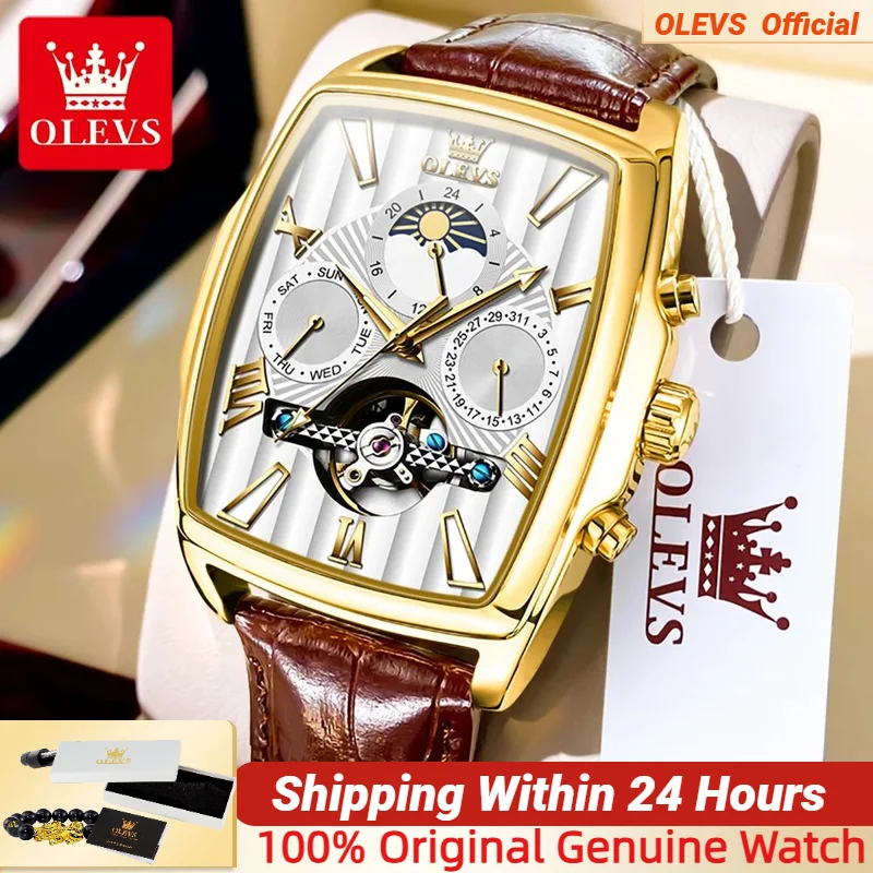 

OLEVS Men's Mechanical Watch Date Square Dial Original Leather strap Watch Waterproof Luminous Skeleton Automatic Watch for Men