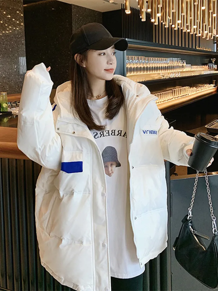 

White Hooded down Jacket Women's Winter New Style Korean Loose Hong Kong Style Workwear Coat Trendy Long Cotton Coat for Women