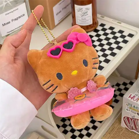 Sanrio 블랙 스킨 수영 반지 헬로 키티 펜던트 키 체인 여름 크리 에이 티브 키티 고양이 인형 펜던트 키 체인 가방 액세서리