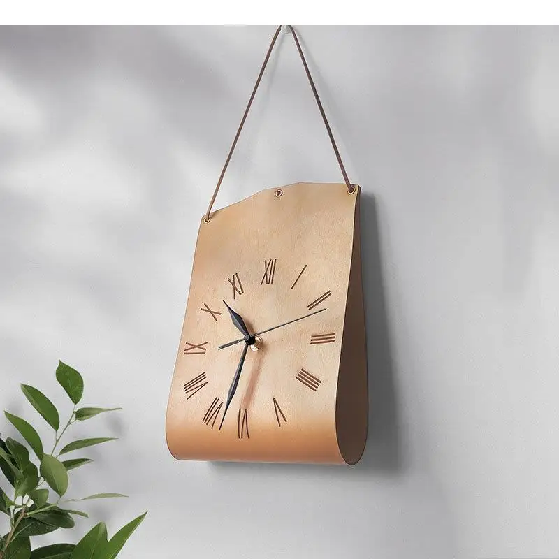 Minimalism PU Leather Tote Bag Shape Wall Clocks Silent Sweep Needle Clock Living Room Background Decorative Wall-mounted
