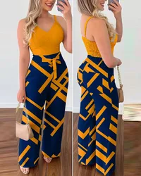 Long Jumpsuits for Women Elegant Sexy V-Neck Shirred Top High Waist Pants Set New Fashion Casual One Piece Summer New 2023