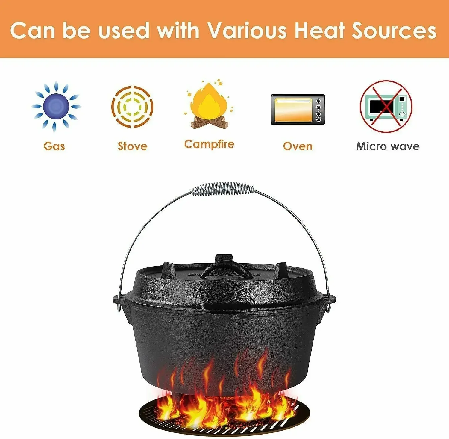 for 12.5 L Cast Iron Dutch Pot Outdoor Camping Barbecue Hanging Pot Soup Stew Pot for Outdoor&Indoor Cooking