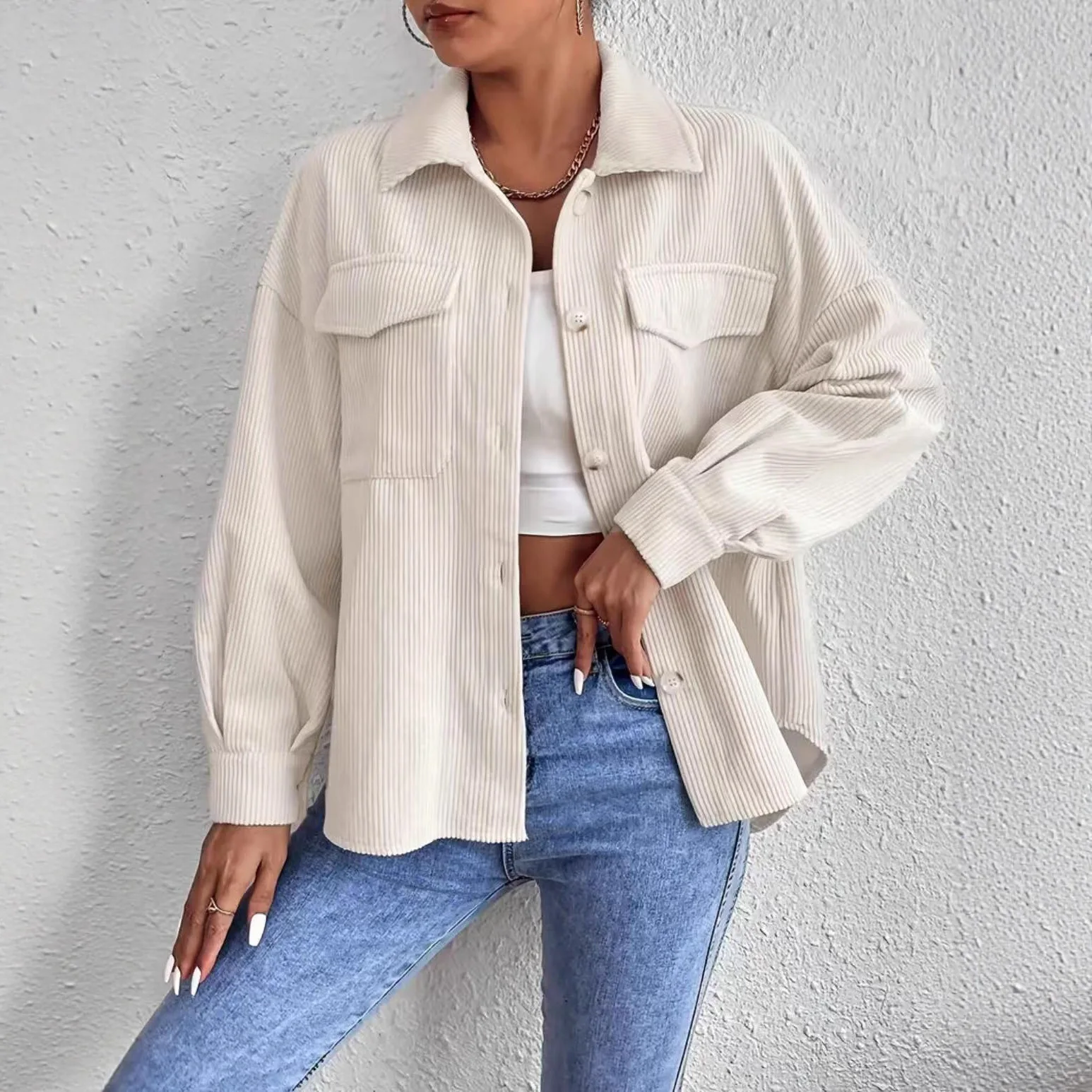 

Spring and Autumn Corduroy Women's Shirt Solid Color Cultural Long Sleeve Jacket Women