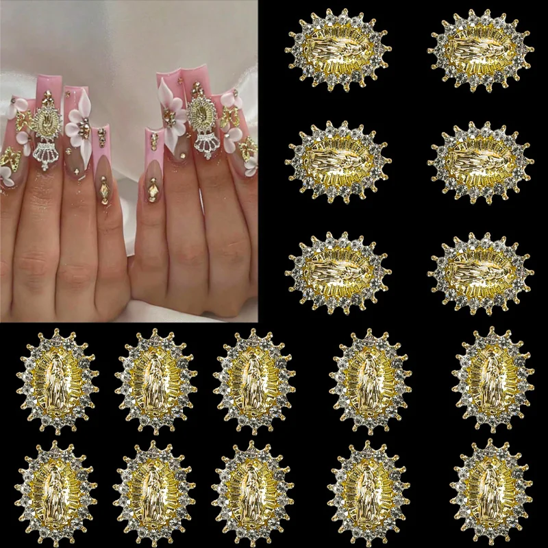 10 Stück Goldene Jungfrau Maria Nagelanhänger - Strass Religiöse Nagelsteine, Luxuriöse Katholische Nagelkunst-Dekorationen für Acrylnägel DIY