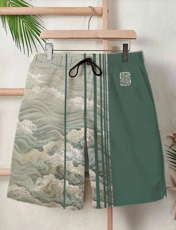 2025 verão novo 3d japonês onda impressão rua hip-hop calções casuais masculinos verão calções de banho com cordão calções casuais