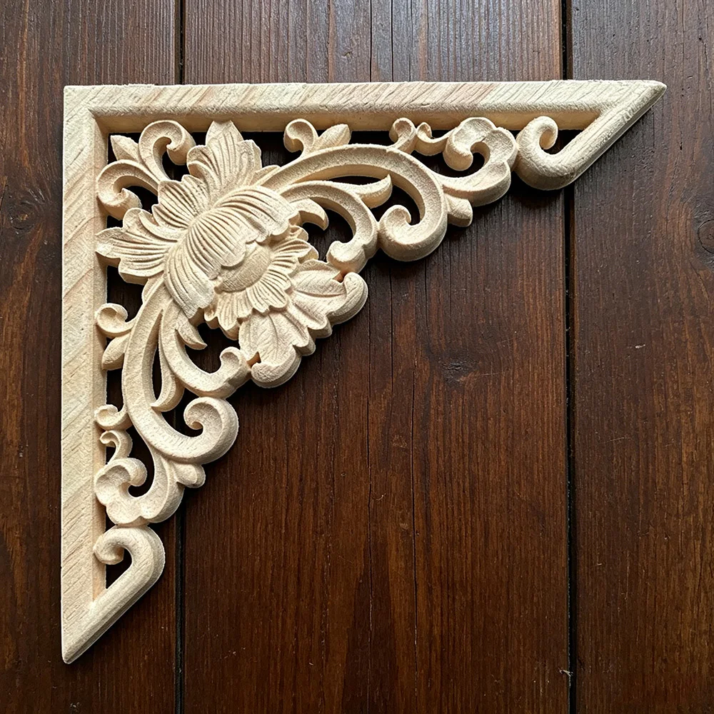 

15-40cm Woodcarving Corner Decal Triangle Unpainted Solid Wood Carved Onlay Applique Frame Home Furniture Door Decor Ornament