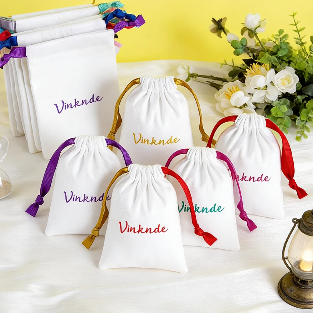 

100Pcs/Lot Custom Logo Luxury Suede Drawstring Bracelet Bag Velvet Flannel Premium Jewelry Pouch with Ribbons Elegant Packaging