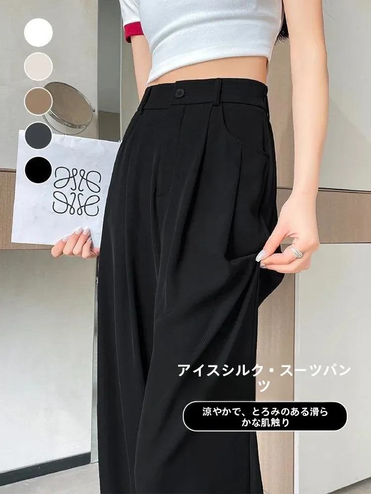 plus Size Slim Fit Wide Leg Pants Women's Summer Thin Ice Silk Formal Loose Straight Casual Suit Trousers High Waist Polyeste...