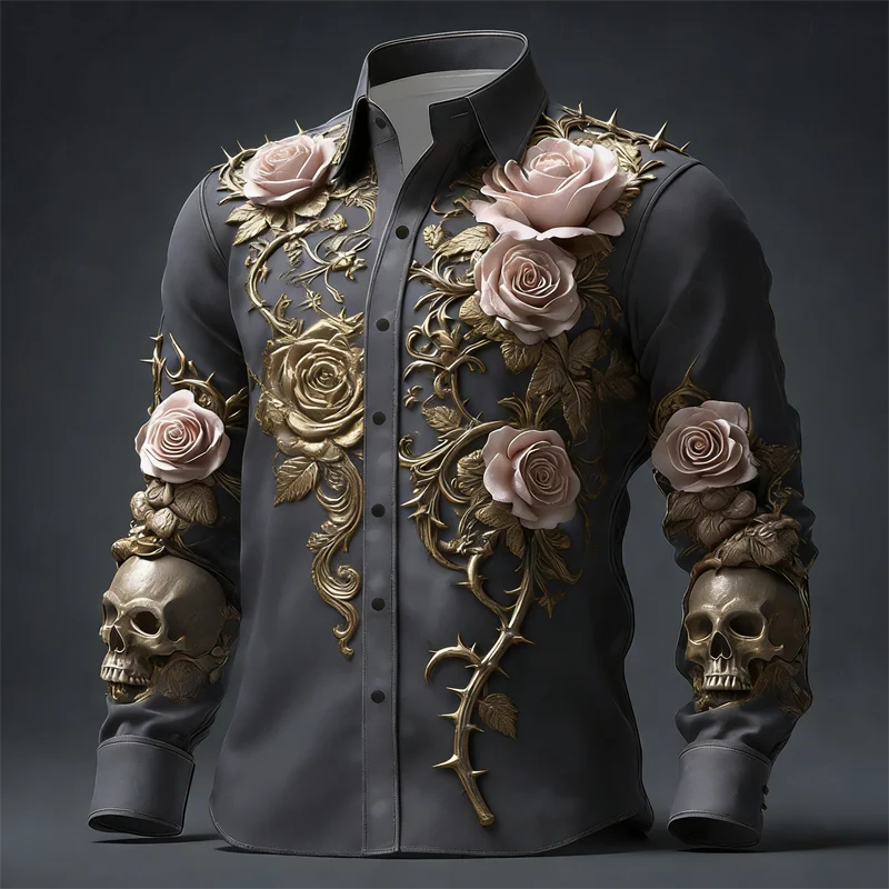 New men's long sleeved shirt 3D skull print long sleeved crow high-quality flower pattern top shirt clothes