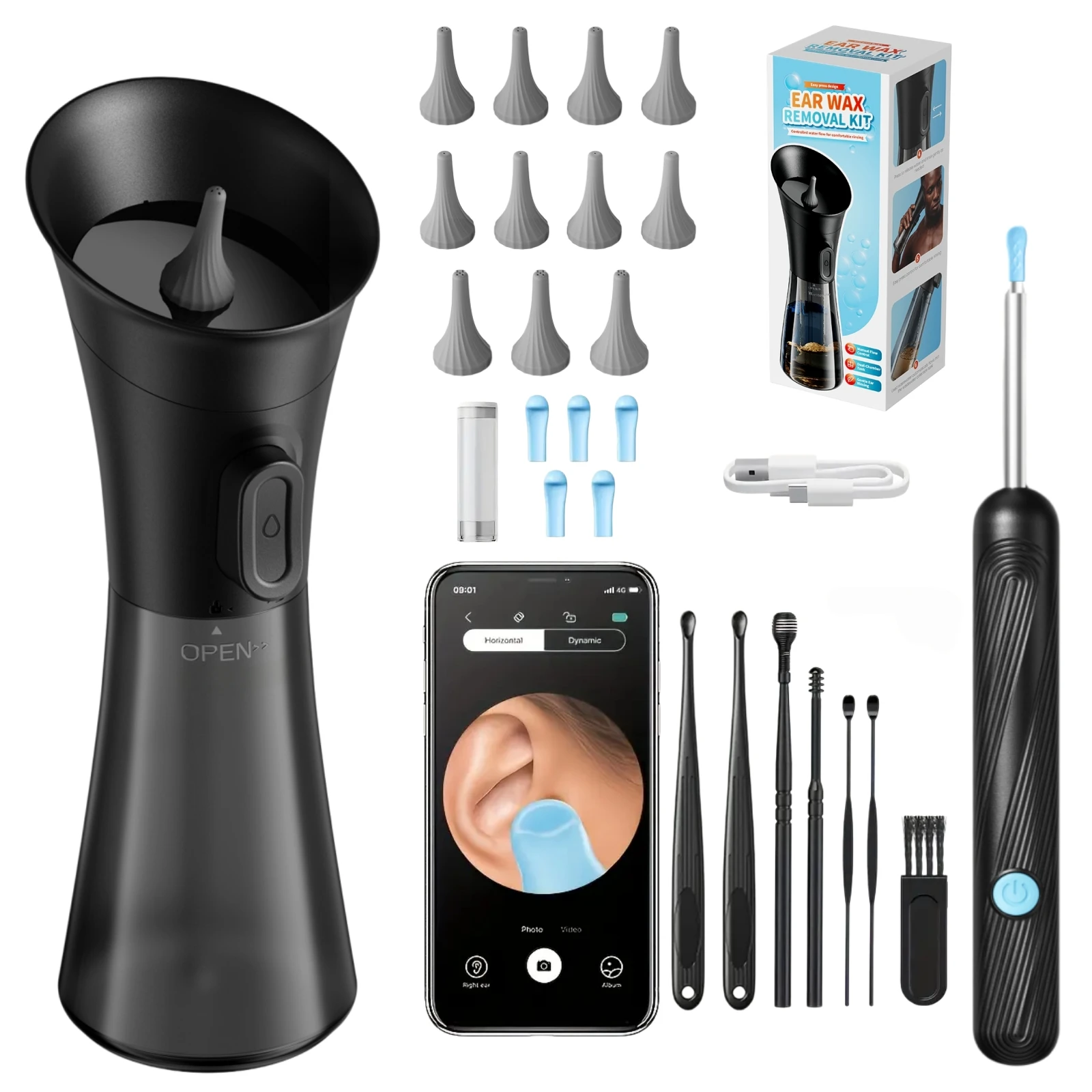 1080P HD Camera Ear Cleaner and Manual Rinse Bottle, All-in-One Ear Cleaning Kit, Real-Time App View, LED Light, Multiple Replaceable Tips, Home Use Gift Set for Adults & Family