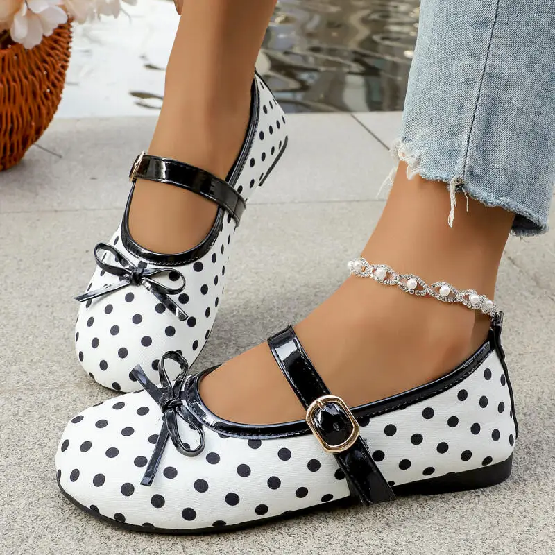 

French Retro Polka Dot Soft Ballet Flats Women Summer 2026 Elegant Bowknot Black White Mary Jane Shoes Women's Flats and Loafers