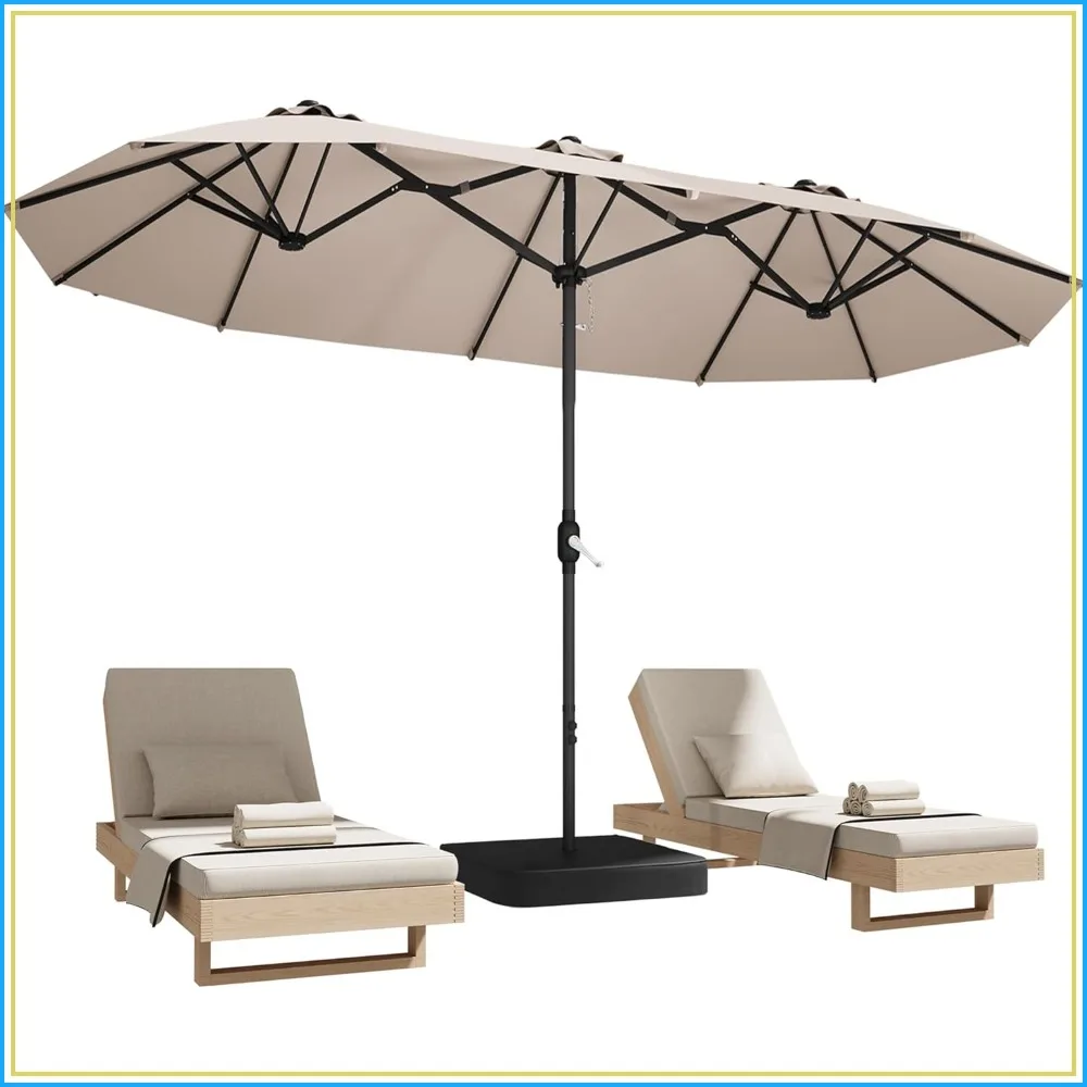 15ft Patio Umbrella with Base, Large Double-Sided Rectangle Outdoor Umbrella with Crank, Beige for Garden Deck Pool