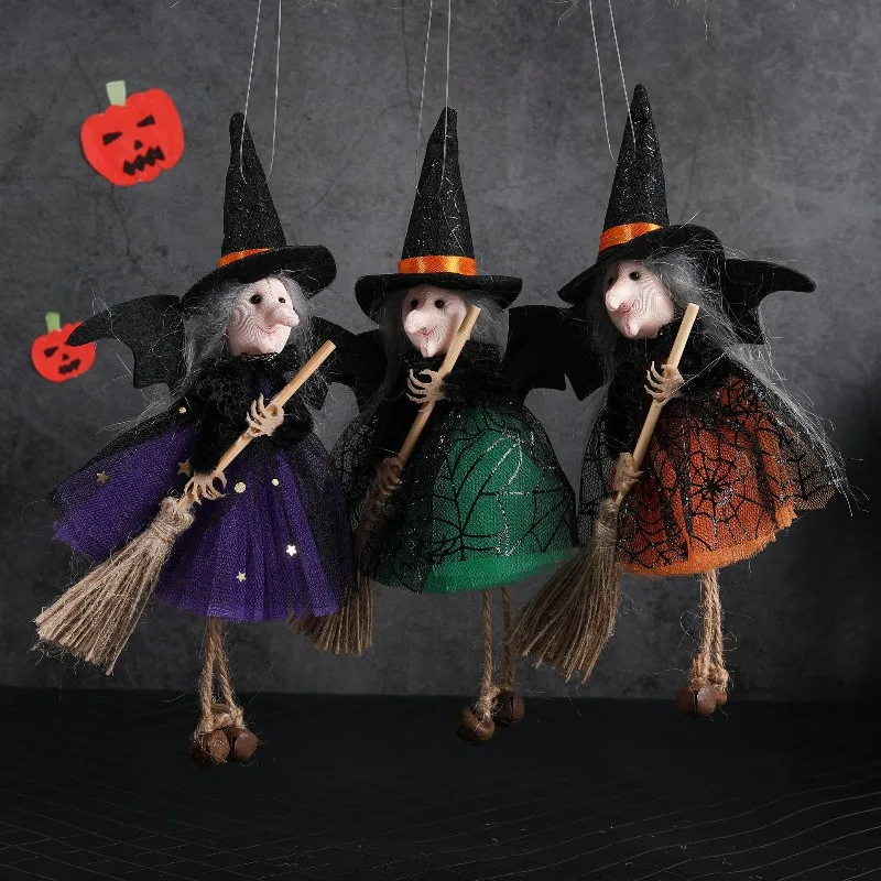 

New Halloween pendant decoration ghost festival witch with broom gauze skirt pendant toy bar horror pendant trick