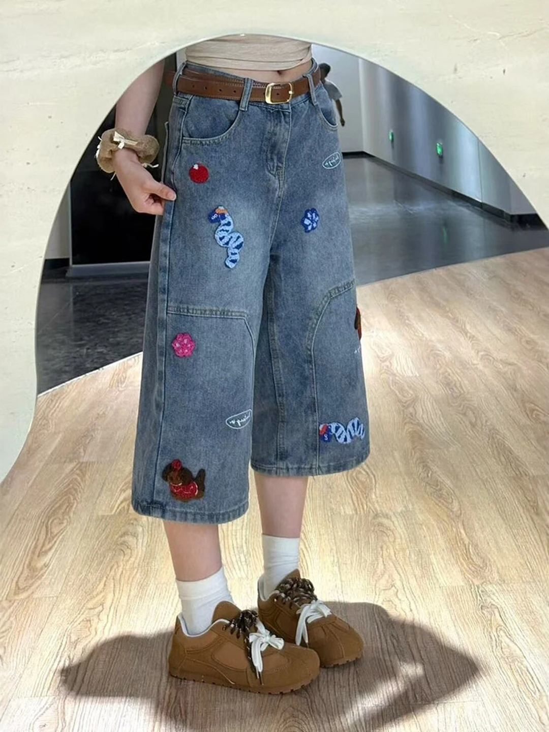 

American High Street Embroidered Denim Casual Loose Straight Leggings Women Summer plus Size Comfortable Versatile Shorts