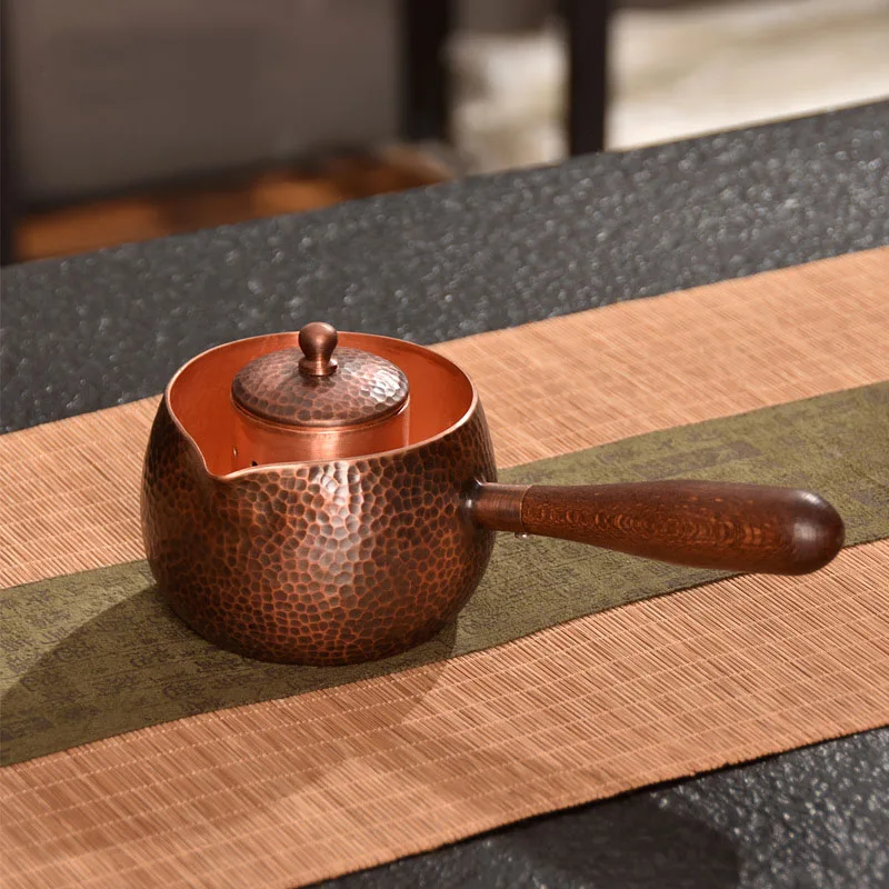 400ml Pure Copper Tea Infuser with Anti-scald Side Handle,Polished Surface or Handcrafted Hammer Pattern,Chinese Retro Tea Set