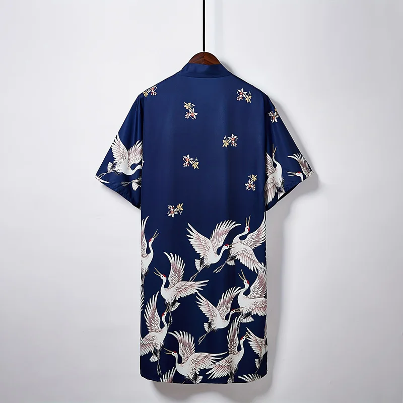 European and American Retro Loose Plus-Size Crane Print Vacation Beach Cover-Up Sun Protection Clothing Summer Mid-Length Slit Bathrobe Sexy Nightgown Cardigan Thin Jacket