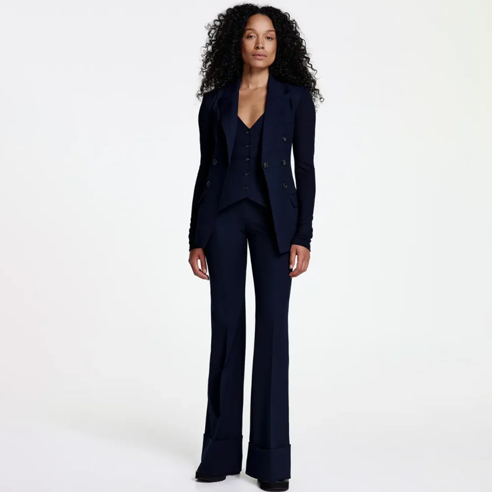 Classy Women Navy Blue 3 Pieces Suit Double Breasted Blazer Vest Flared Pants Set Formal Wedding Party Guest Outerwears