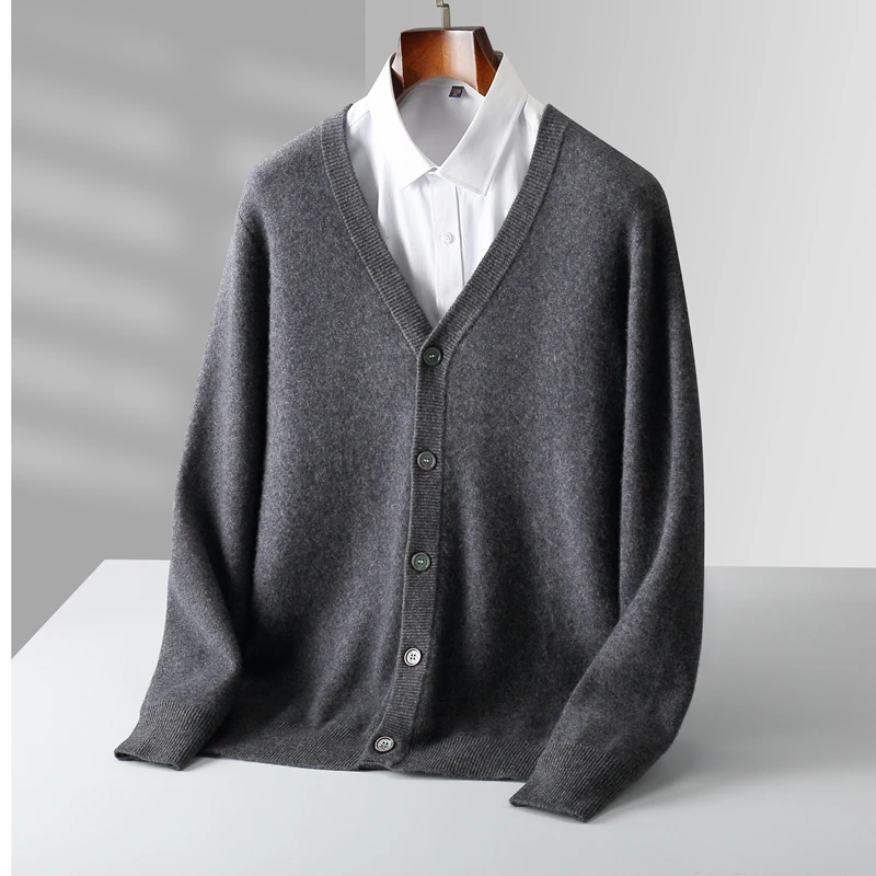 

New autumn and winter men's 100% pure wool knit cardigan V-neck loose business casual sweater coat