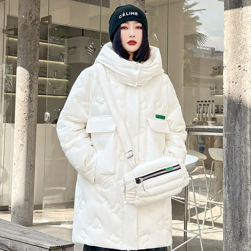 

2023 New Women Down Jacket Winter Coat Female Mid Length Version Parkas Loose Thick Warm Outwear Hooded Leisure Time Overcoat