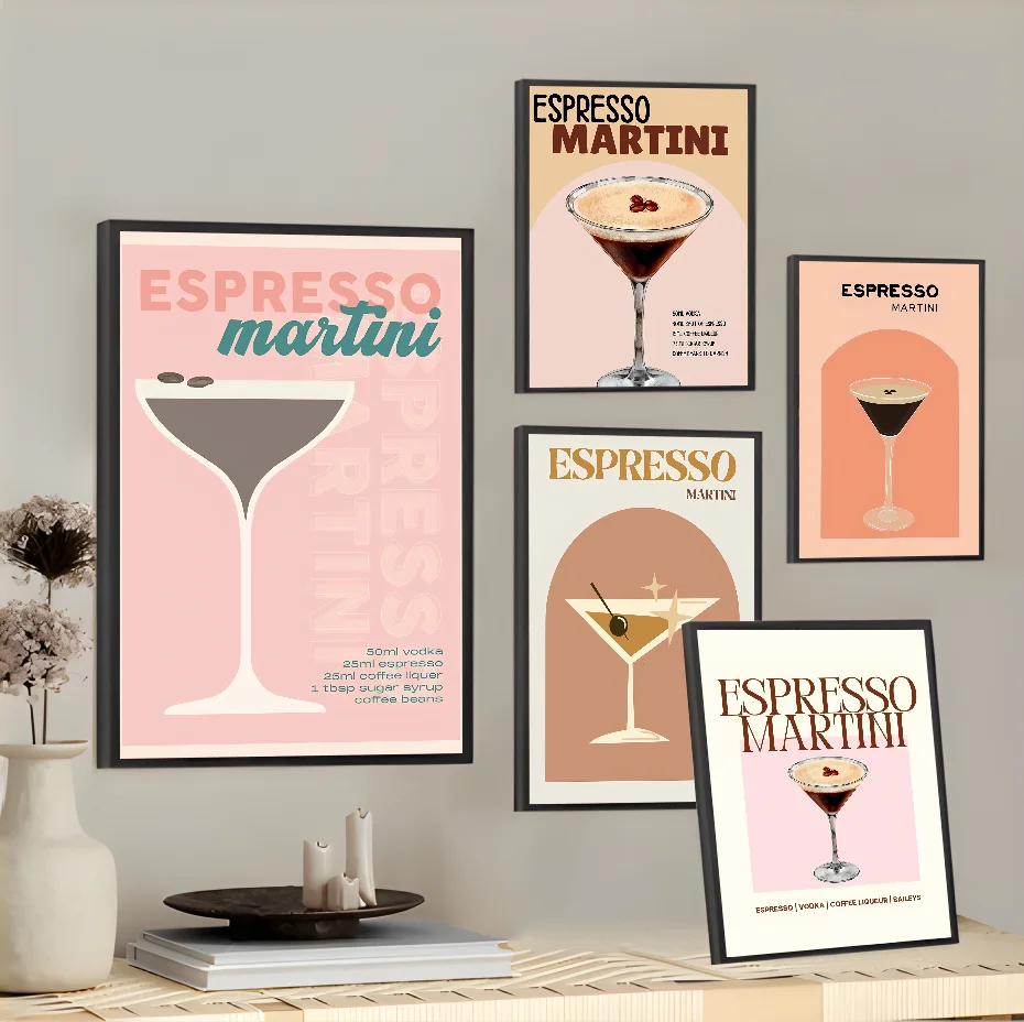 Rosa Espresso Martini Cocktail-Kunstposter, klebriger Wandkunstdruck, wasserdicht, für Zuhause, Wohnzimmer, Schlafzimmer, Bar, Flur, ästhetisches Dekor