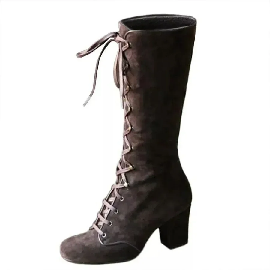 2024 Medieval Women\'s Casual Riding Boots Winter Lace Up Suede Long Tube Knight Boot Female High Heel Cowboy Shoes Mid-Calf Sexy
