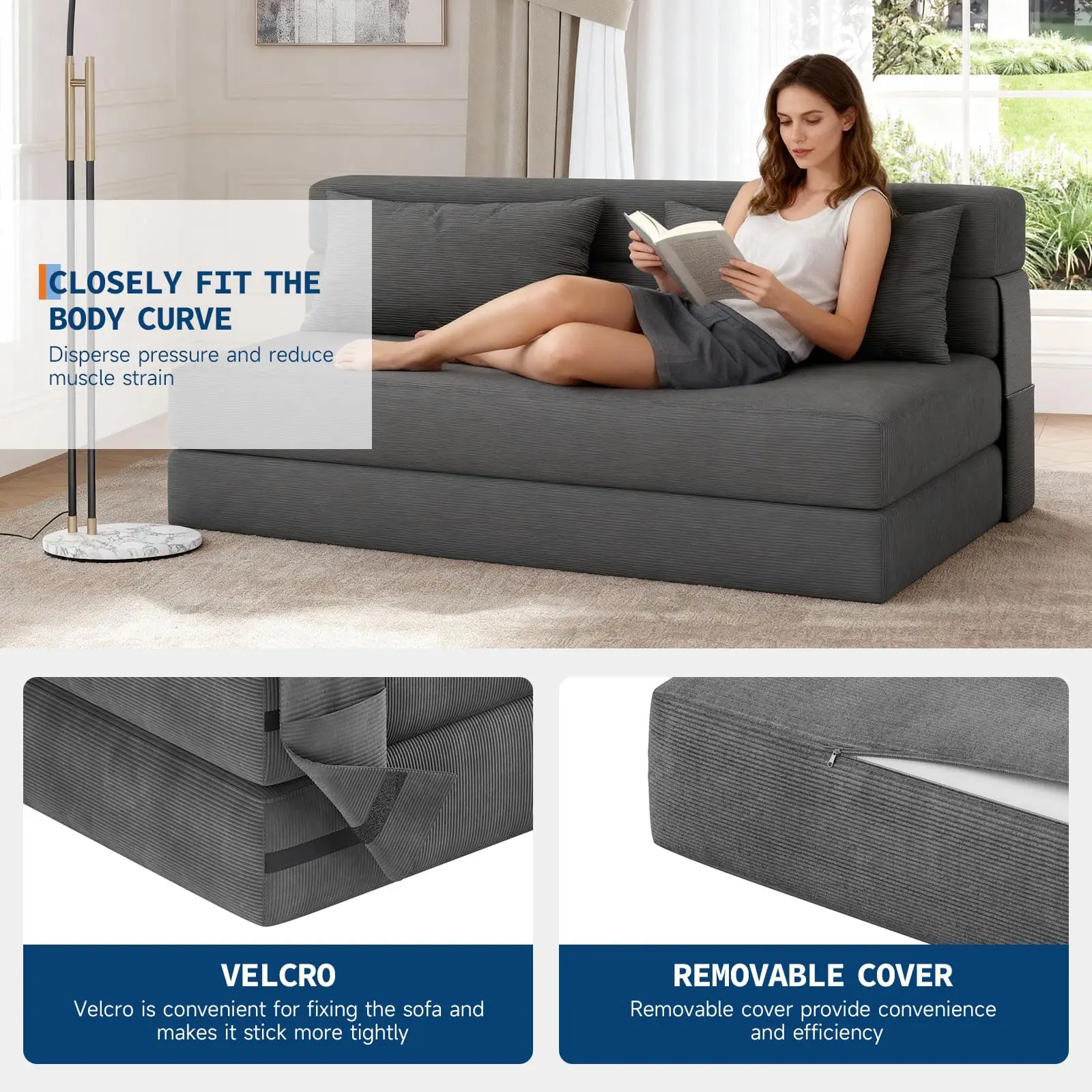 4-in-1 Folding Sofa Bed Convertible Sleeper Soft Corduroy Loveseat Couch With Pillow Space-Saving Fold Out Chair Bed For Room image 5