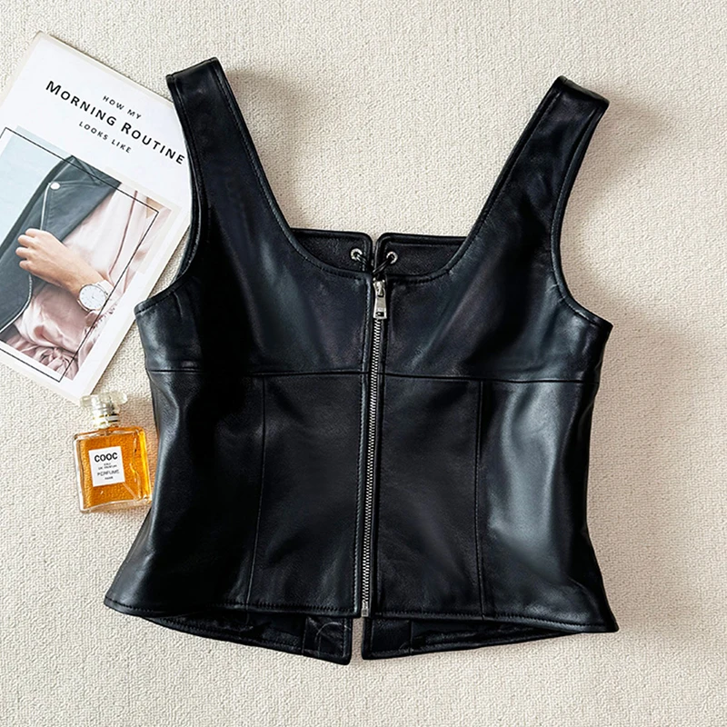 Gilet in vera pelle da donna 2026 Fashion Bandage Design Canotte sottili Cerniera posteriore Colletto quadrato femminile Canottiere in pelle di pecora