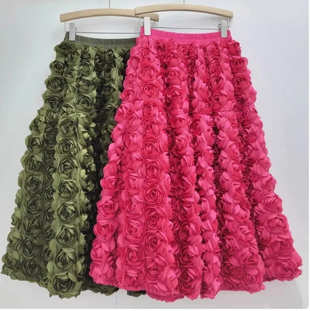 Elegante schwere drei dimensionale Rosenblüten flauschigen Rock 2024 neue Mode Französisch hohe Taille große Schaukel a-Linie lange Röcke