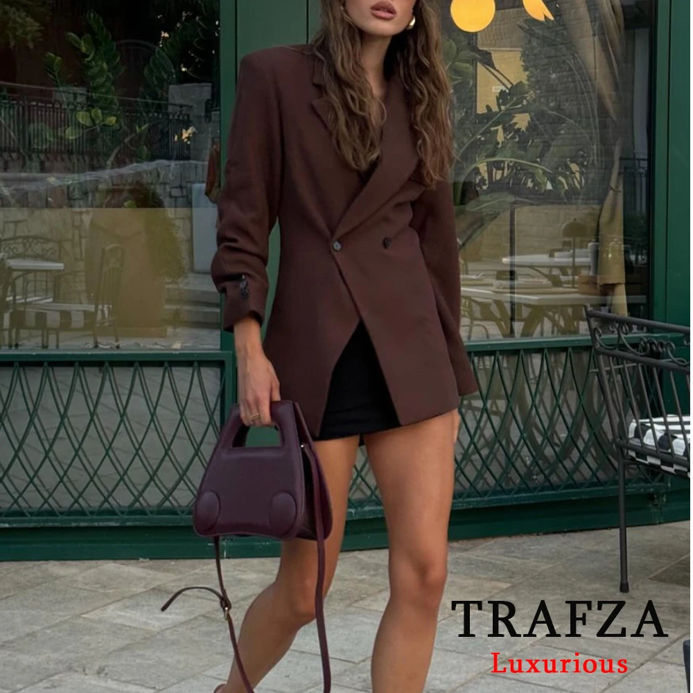 TRAFZA Office Lady Brown Slim Blazer Women V Nwck Long Sleeve Blazers Fashion 2024 Autumn Winter Street Blazers Pockets Outwears