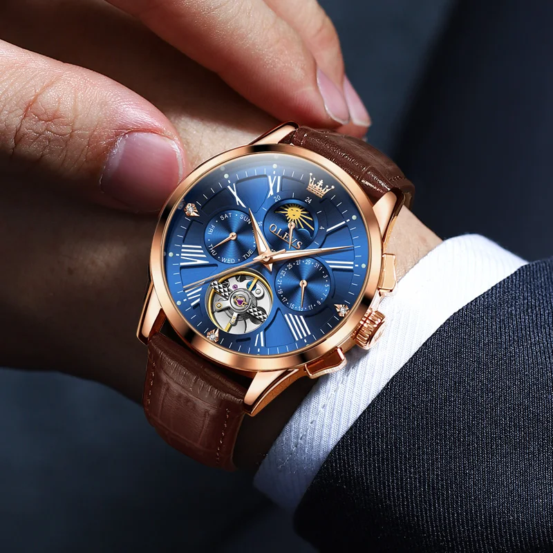 OLEVS  New Sport Mechanical Watch Men‘s Fashion Moon Phase Date Waterproof Automatic Tourbillon Watch Luxury Leather Men Watches