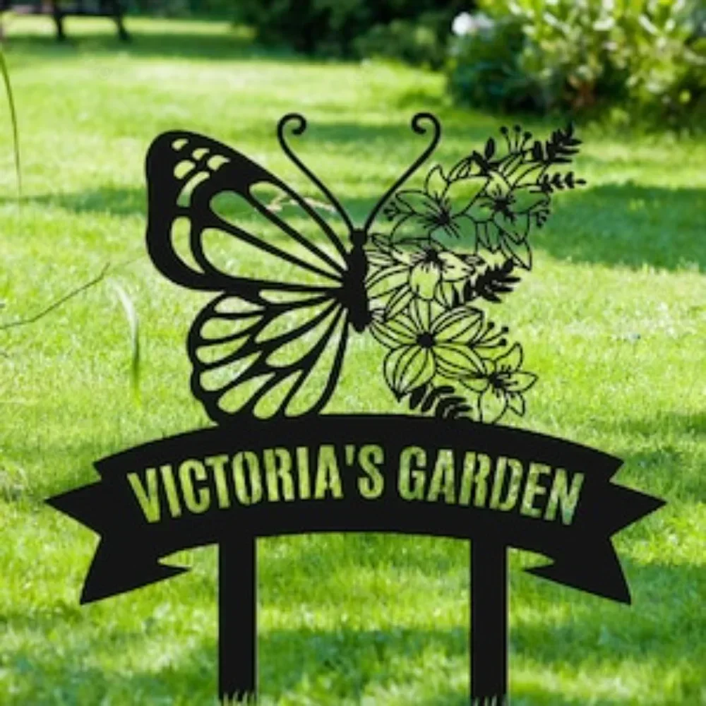 Personalized Butterfly Metal Stakes Yard Decor Custom Flower Bed Name Sign Housewarming Gift Garden Charm Marker