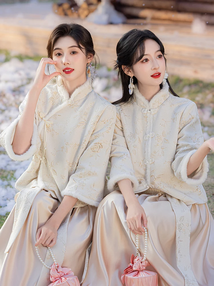 

Новинка: Теплое зимнее платье-ципао с длинными рукавами и флисовой подкладкой для подружек невесты в китайском стиле