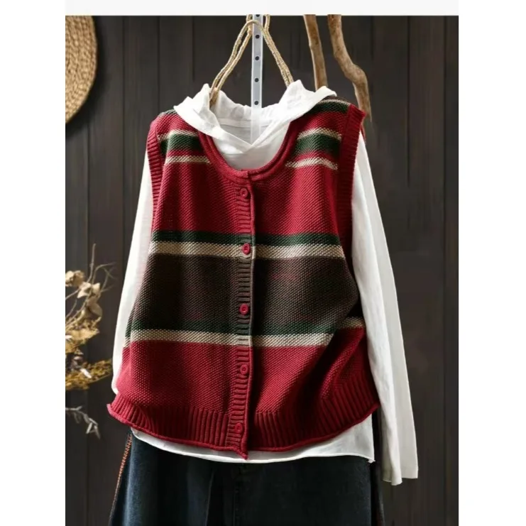 plus Size Women's Knitted Vest Outerwear Striped Sleeveless Sweater Spring Autumn New Arrival Commute Style Single Button Clo...