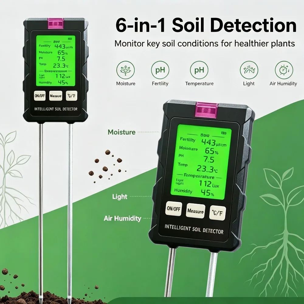 Digital 6 in 1 Soil PH Meter Fertility Soil Moisture Sunlight Ambient Humidity Temp Tester Monitor Detector Garden Soil Analyzer