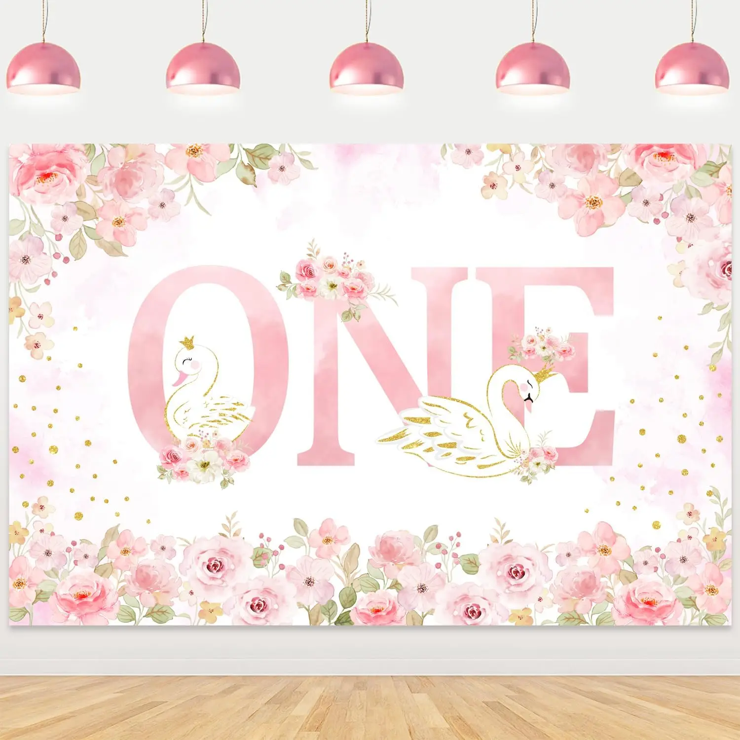 5x3ft White Swan Photography Backdrop Happy 1st Birthday Swan Backdrop Pink Floral Background One Year Old Birthday Backgrounds