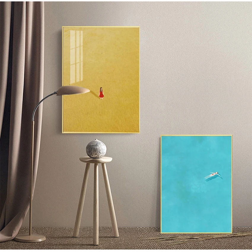 Pictures Kids Room Girls Decor Cartoon Girl Swim Nordic Posters And Prints Wall Art Canvas Painting Blue Wall