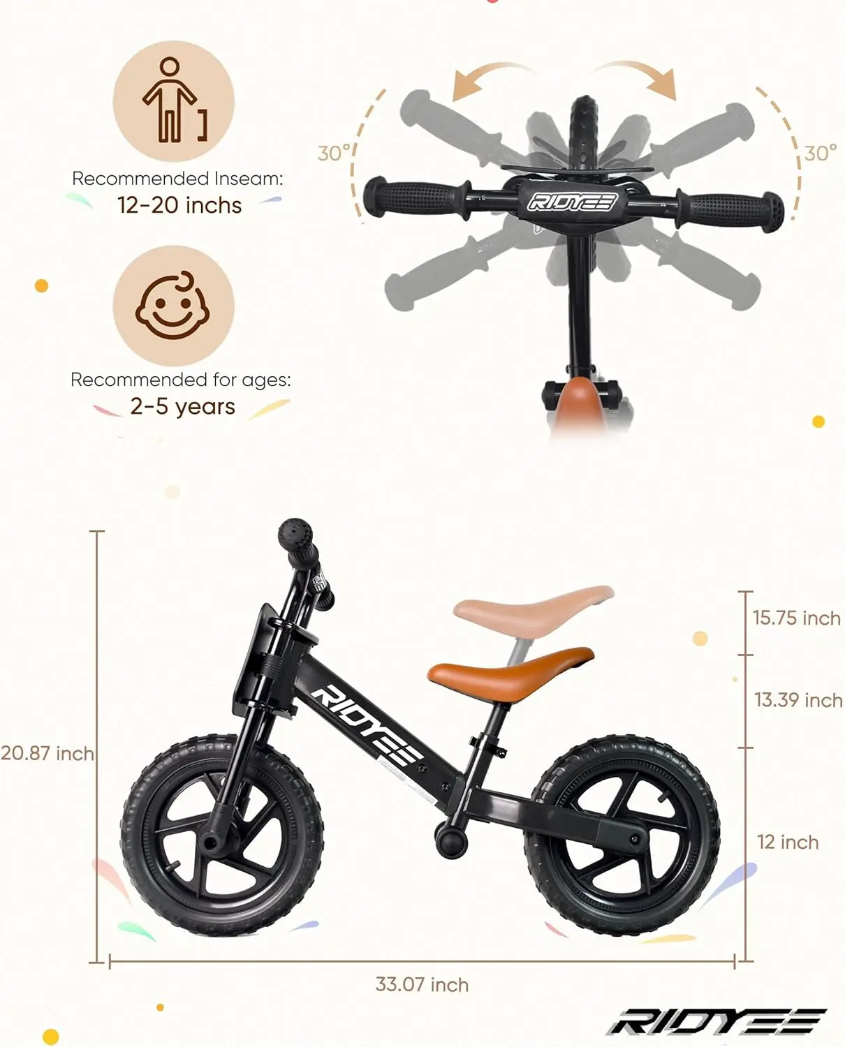 Toddler Balance Bike 2 Year Old, Kids Balance Bike for 2 to 5 Year with Tool-Free Adjustment, Limited Steering, Footrest, Custom